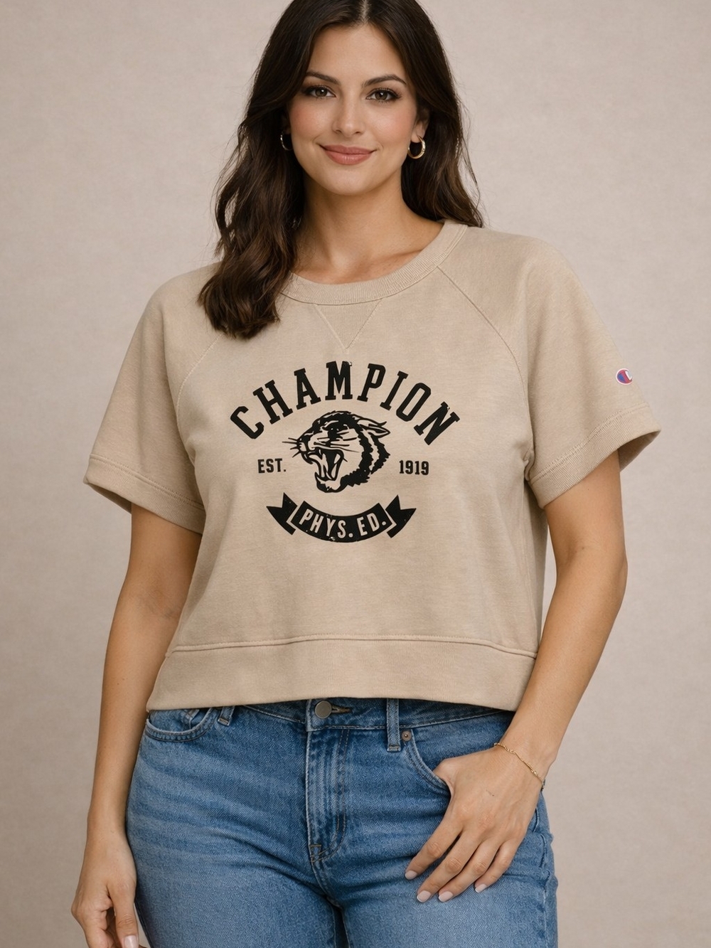 Champion Women's Short-Sleeve Logo Sweatshirt Top in Beige
